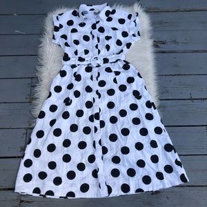 For Cynthia Linen Blend Black White Polka Dot with Belt Women Midi Dress size M